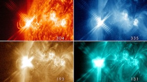 Cuatro imágenes, en diferentes longitudes de onda, de la llamarada X3.2 (Imagen: NASA / SDO)